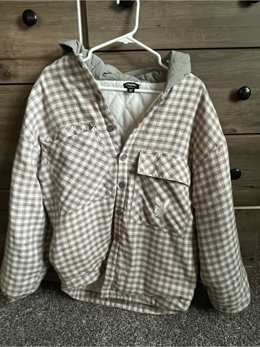 PLAYBOY Unisex Plaid Quilted Jacket in Beige and Cream